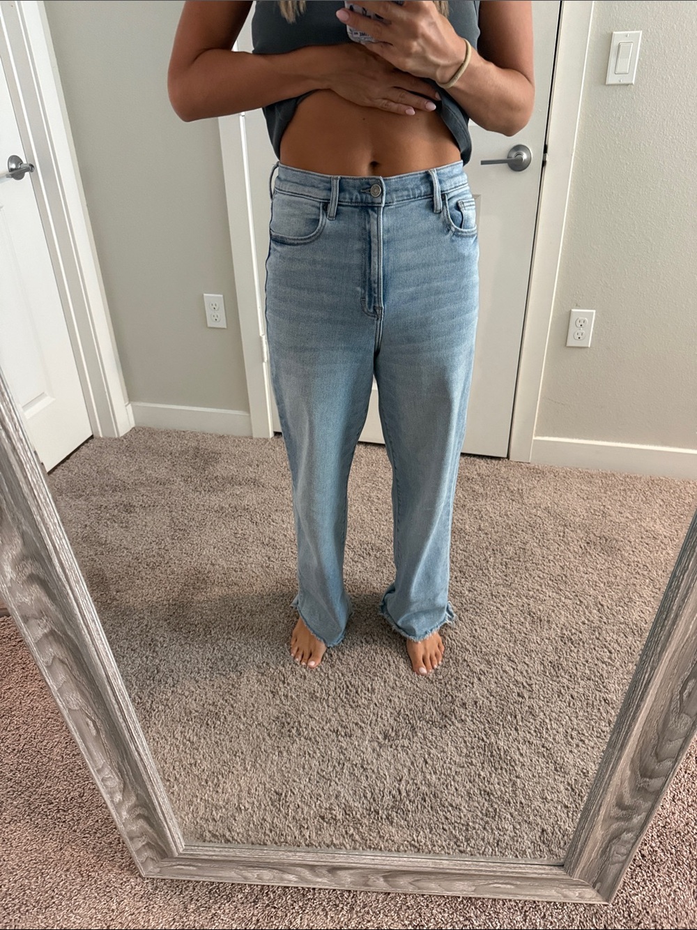 Hidden raw hem light wash Jean